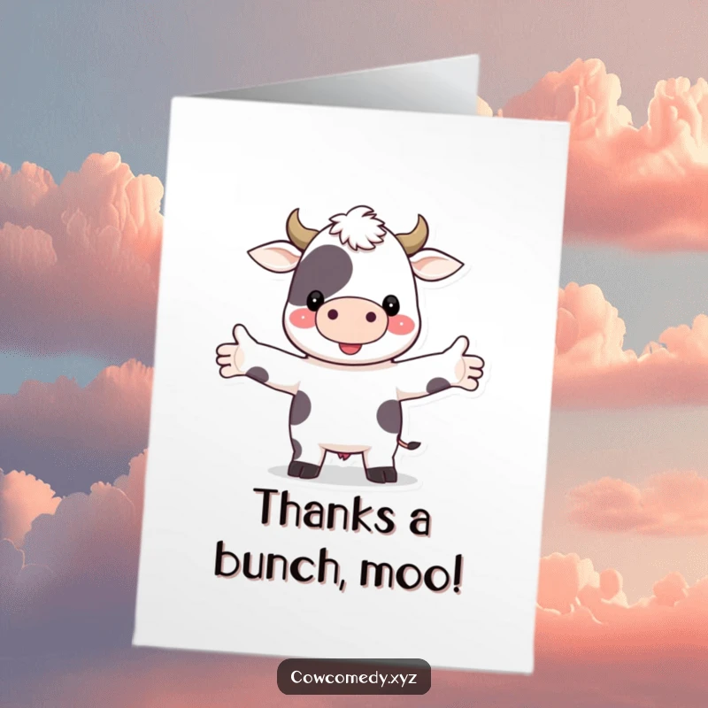 Funny Free Printable Thank You Card with a lovable cow character, arms wide open, ready for a grateful hug.