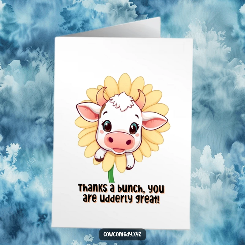 Funny Free Printable Thank You Card: Kawaii cow peeking with curiosity from behind a large daisy, expressing gratitude.