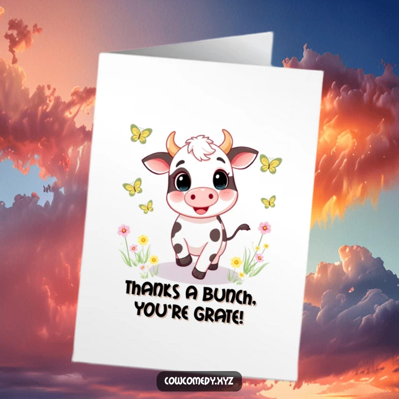 Funny Free Printable Cow Thank You Card: A Happy Cow Joyfully Chasing Butterflies Through a Field