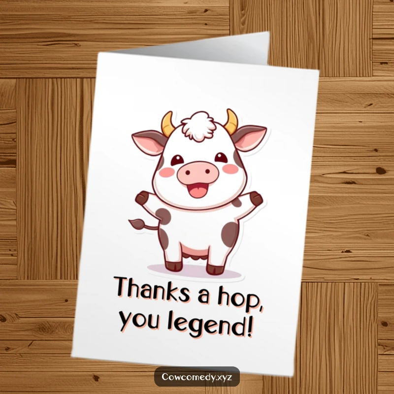 Funny Free Printable Thank You Card: A plump kawaii cow with a delighted expression, joyfully hopping with excitement.