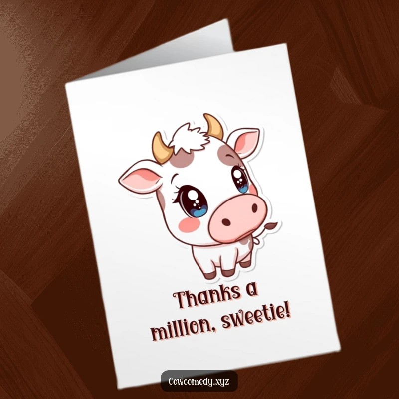 Funny Free Printable Thank You Card: A cow with big, sparkly eyes playfully tipping its head sideways with innocent charm.