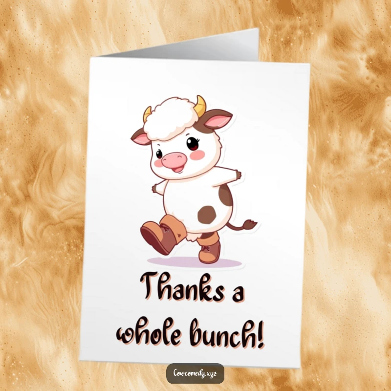 Funny Free Printable Thank You Card: A fluffy cow in oversized boots happily kicking its legs to say thank you.
