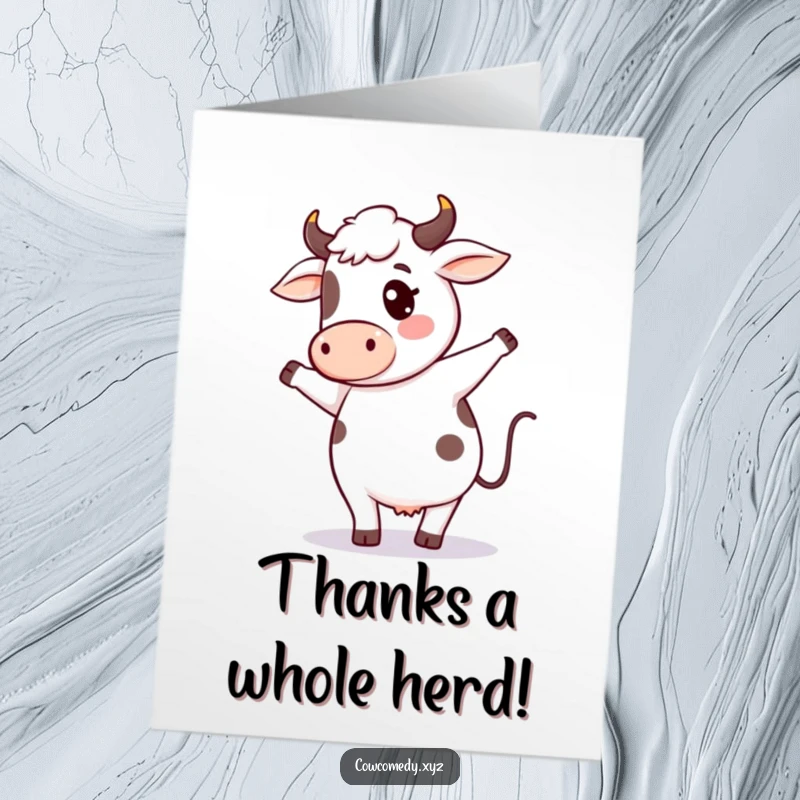 Funny Free Printable Thank You Card: Kawaii cow doing a joyful, silly dance, tail wagging with thanks.
