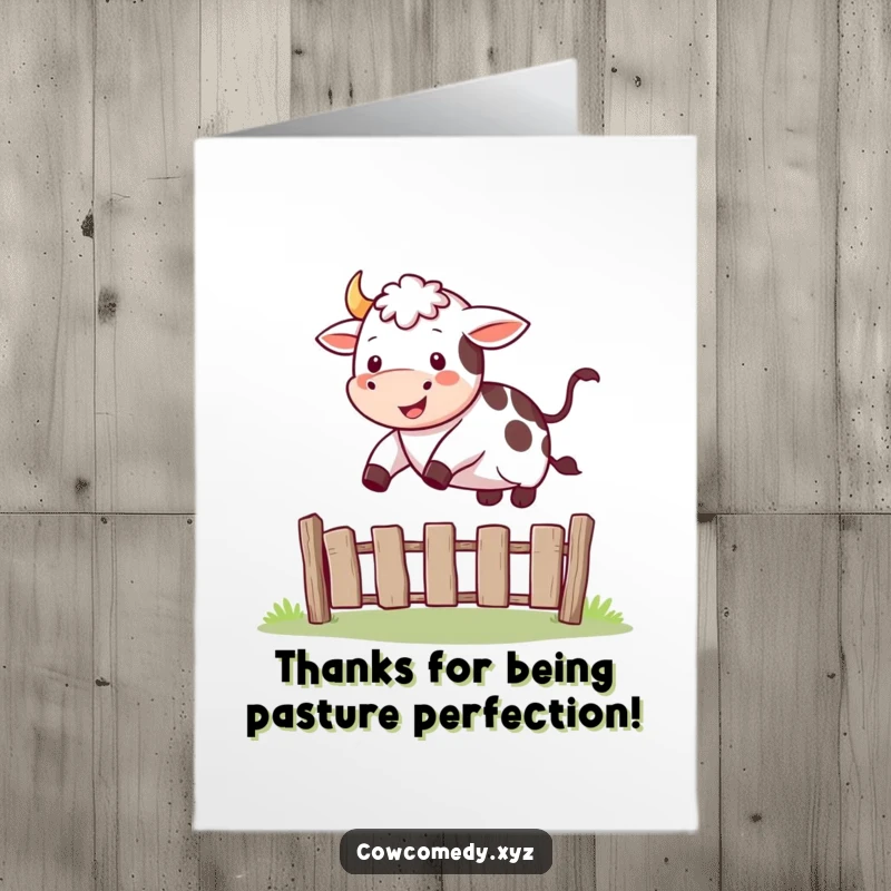 Funny Free Printable Thank You Card: A happy cow mid-air jumping over a small fence, conveying thanks with humor.