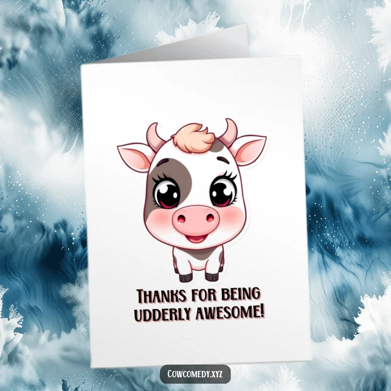 Funny Free Printable Thank You Card: A friendly cow with big eyes sends a sweet wink as a gesture of thanks.