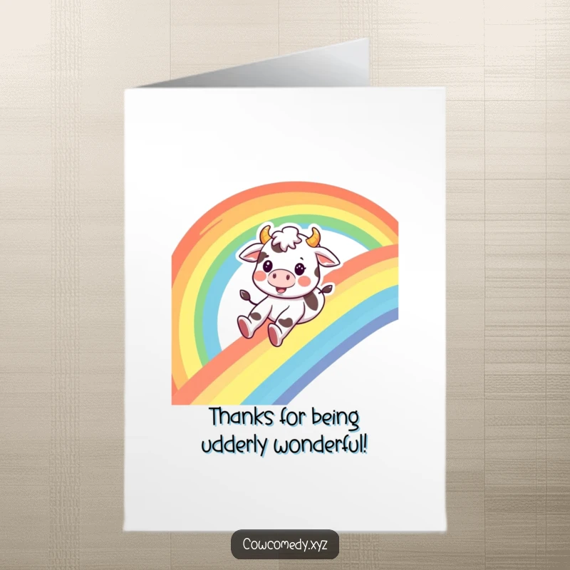 Funny Free Printable Thank You Card: A smiling cow slides down a rainbow, sending cheerful and humorous thanks.