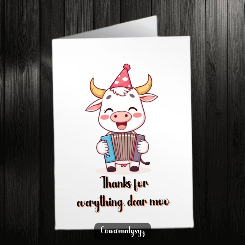Funny Free Printable Thank You Card: A cheerful cow in a party hat plays an accordion, offering thanks with a joyful melody.