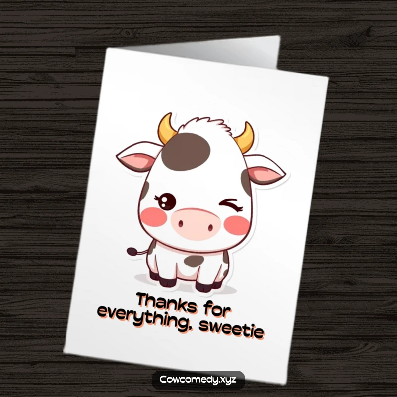 Charming Free Printable Thank You Card featuring a blushing kawaii cow giving a shy, adorable wink.