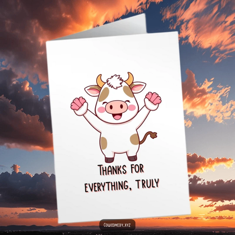 Funny Free Printable Thank You Card: A Kawaii cow cheering with pom-poms, a bright and happy way to say thank you.