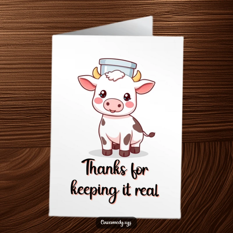 Funny Free Printable Thank You Card: Kawaii cow balancing a milk pail on its head, a unique way to say thanks.