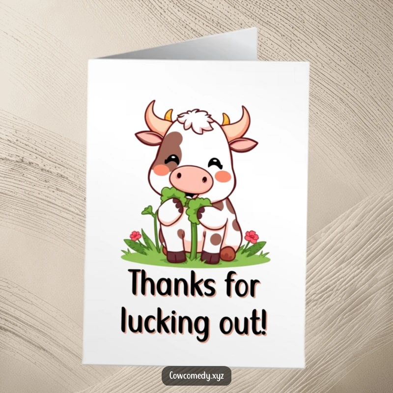 Funny Free Printable Thank You Card: A kawaii cow happily munching on a giant clover, expressing thanks.