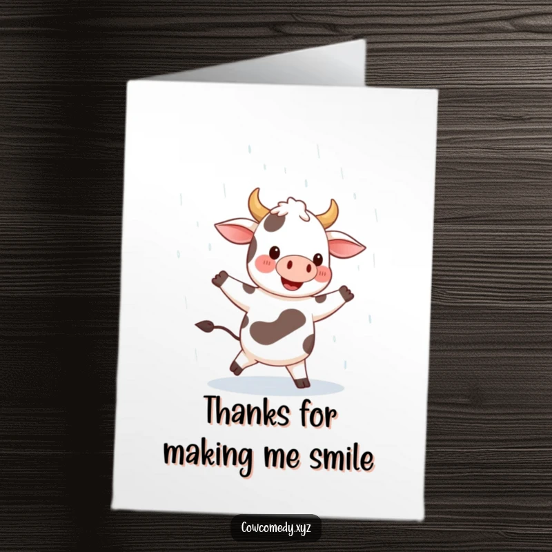 Funny Free Printable Cow Thank You Card: A Happy Cow Dancing Joyfully in the Rain with a Big Grin
