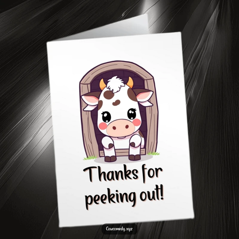 Funny Free Printable Thank You Card: A kawaii cow peeks playfully from behind a barn door, offering thanks.