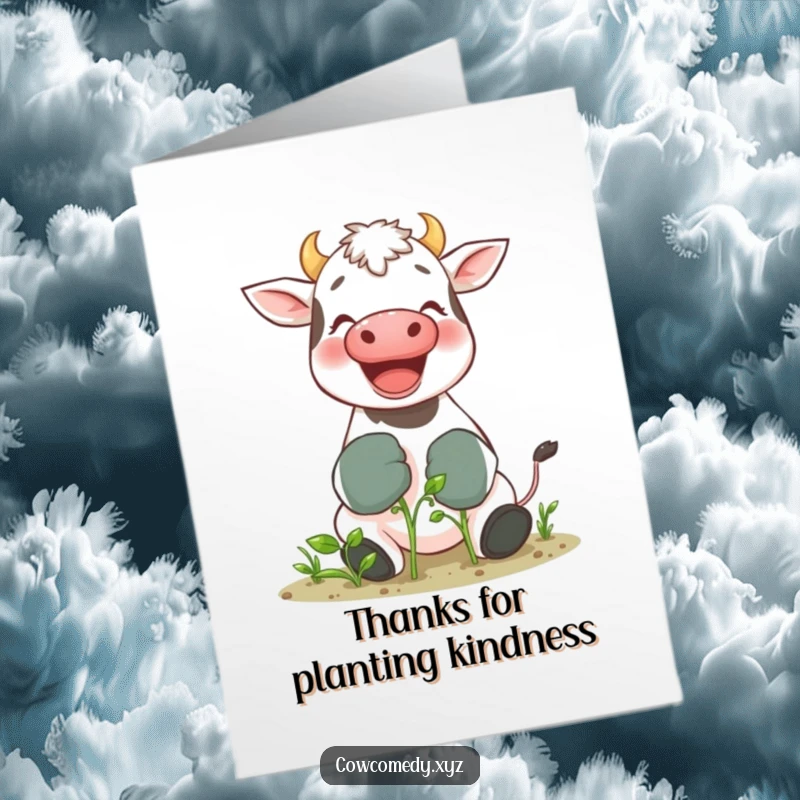 Funny Free Printable Thank You Card: Giggling cow in big gardening gloves carefully tending a tiny sprout, showing thanks.