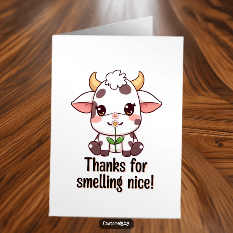 Free Printable Kawaii Cow Thank You Card featuring a cute cow character balancing a small flower on its nose, a delicate way to say thank you.