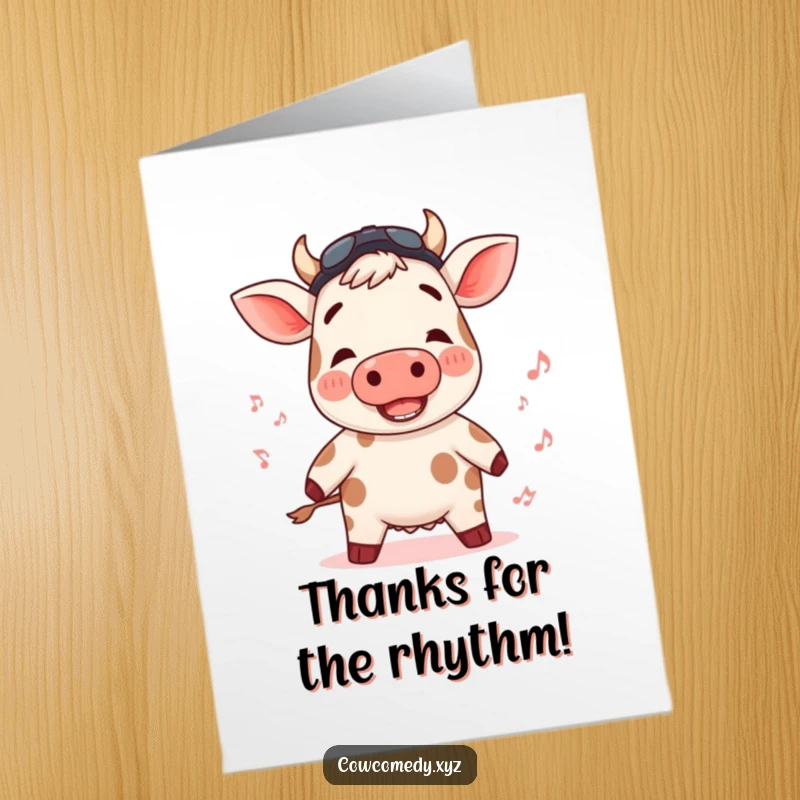 Funny Free Printable Thank You Card featuring a cow with rosy cheeks cheerfully bopping to a silent rhythm. A delightful downloadable gift.