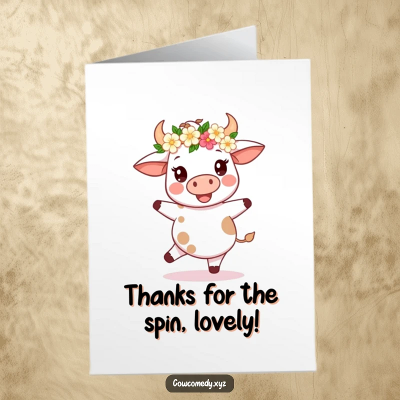 Funny Free Printable Thank You Card: A kawaii cow wearing a flower crown, joyfully spinning in a celebratory motion.