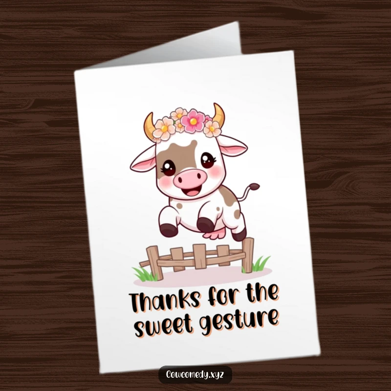 Funny Free Printable Thank You Card: Happy kawaii cow in flower crown leaping fence, showing thanks.