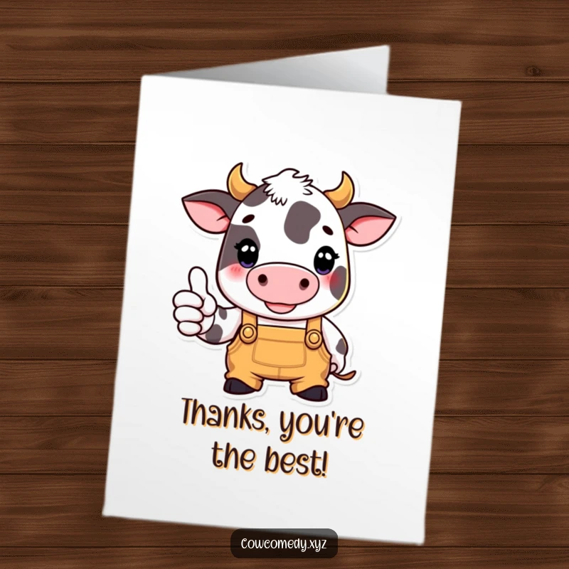 Funny Free Printable Thank You Card: A cow in overalls gives a happy thumbs up, expressing sincere thanks.