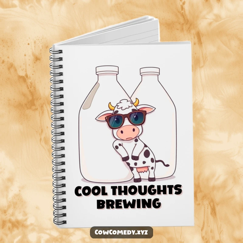 Funny notebook with a cow in cool sunglasses, casually leaning against a giant milk jug, designed for jotting down cool thoughts and ideas.