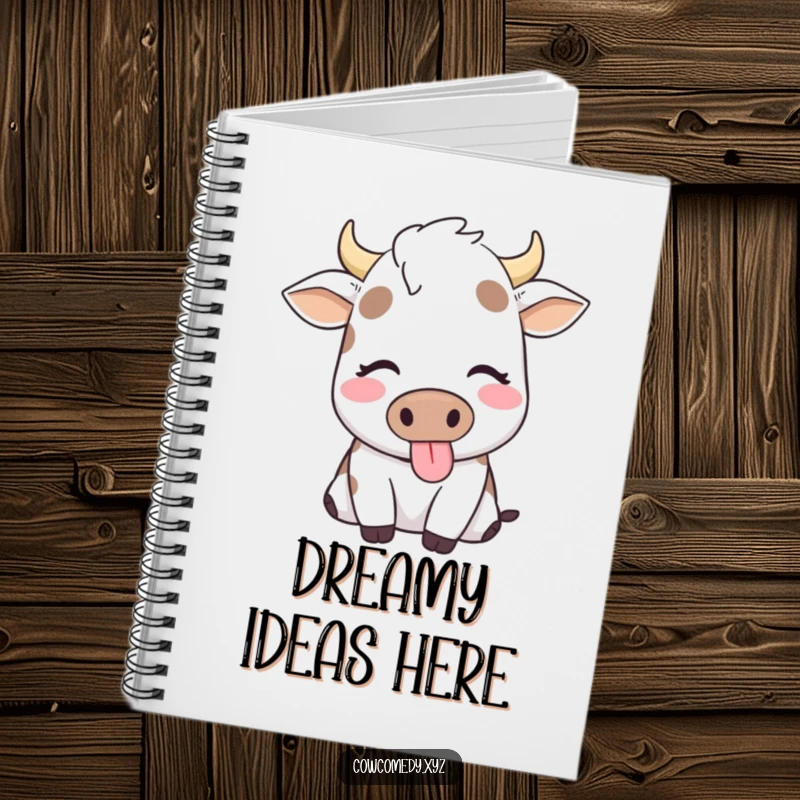 Funny notebook cover with a content cow, eyes closed, happily chewing, representing peaceful thoughts and calm.
