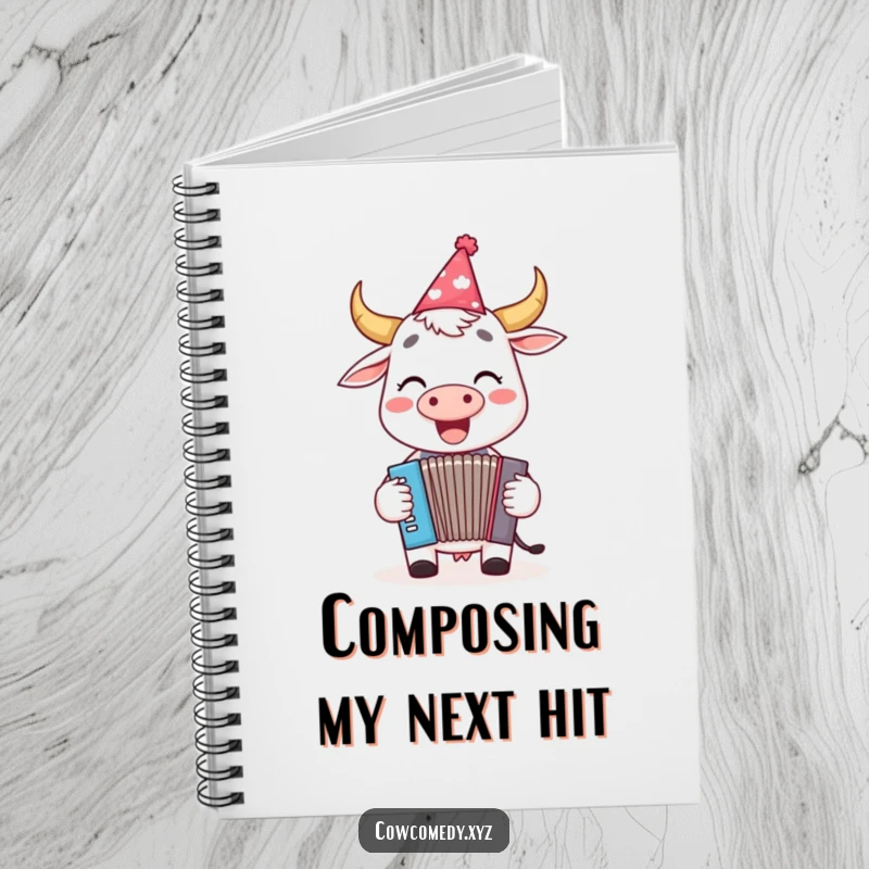 Funny notebook featuring a happy cow in a party hat, joyfully playing a tiny accordion, ideal for notes and music.