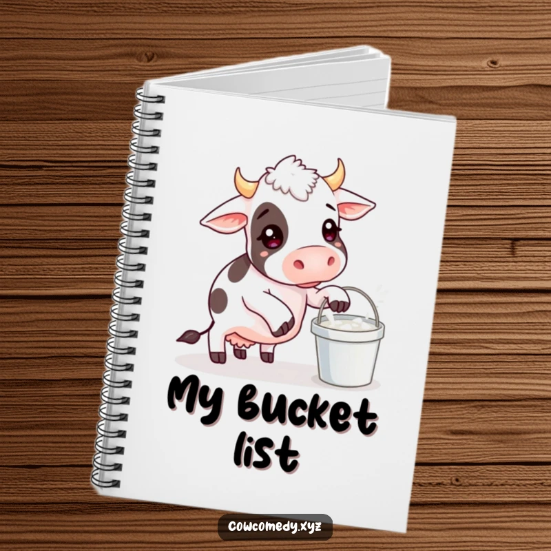 Funny notebook cover with a design of a cow comically balancing a milk bucket, perfect for journaling with humor.