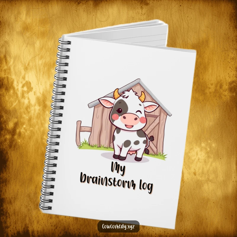 Funny notebook cover with a design of a cow playfully bumping its head against a barn, perfect for jotting ideas.