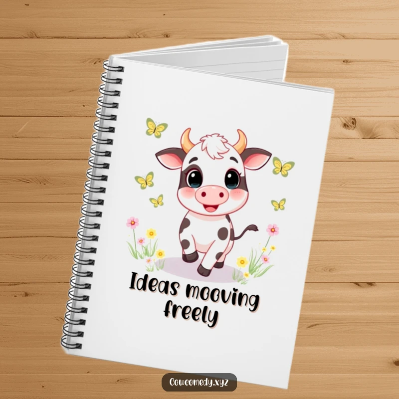 Funny notebook with a whimsical cow character gleefully chasing butterflies across a bright meadow, ideal for capturing thoughts with a touch of joy.
