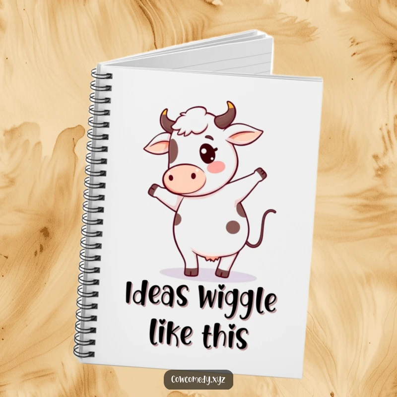 Funny cow dance notebook with a charming kawaii cow character in a silly dance pose, perfect for jotting notes with humor.