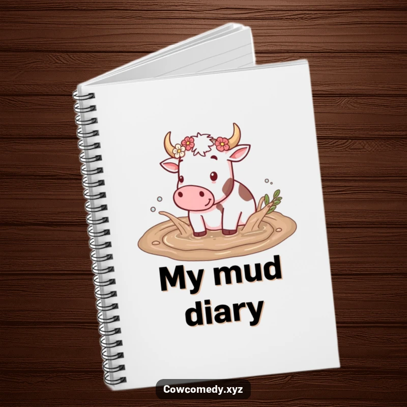 Funny notebook featuring a cow splashing in a mud puddle with flowers on its horns, inspiring creative writing and journaling.