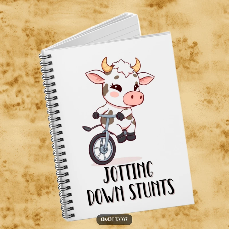 Funny notebook with a winking cow riding a unicycle, perfect for jotting down notes and ideas.