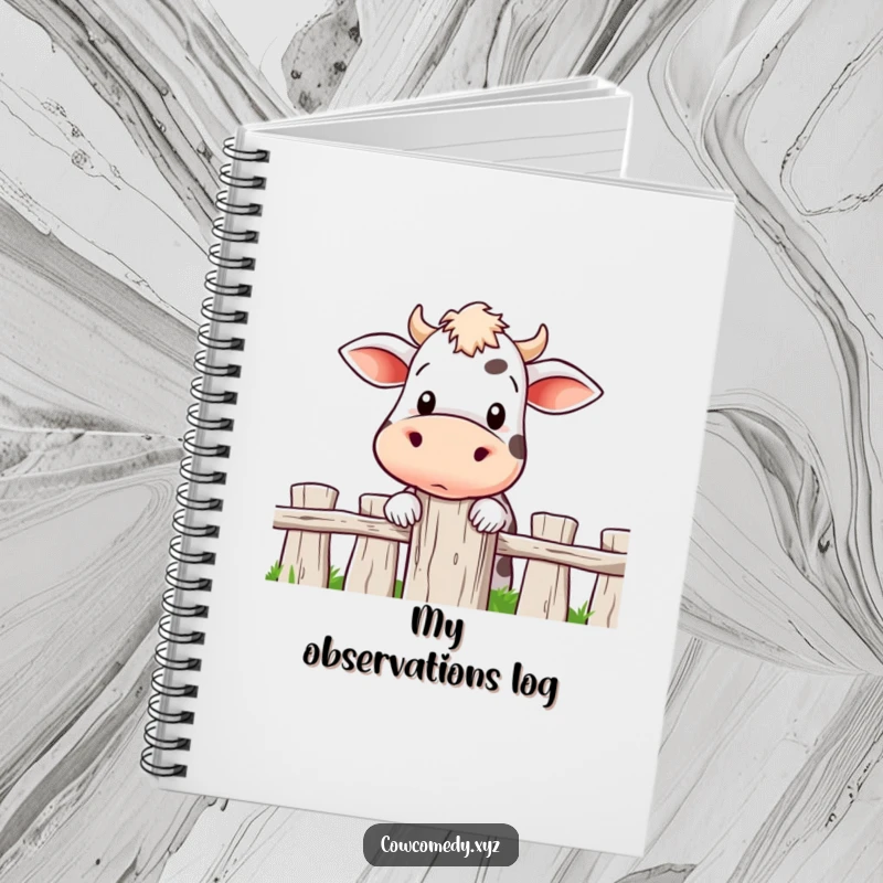 Funny notebook cover with a cow curiously peeking over a fence post, perfect for jotting down all your intriguing thoughts.