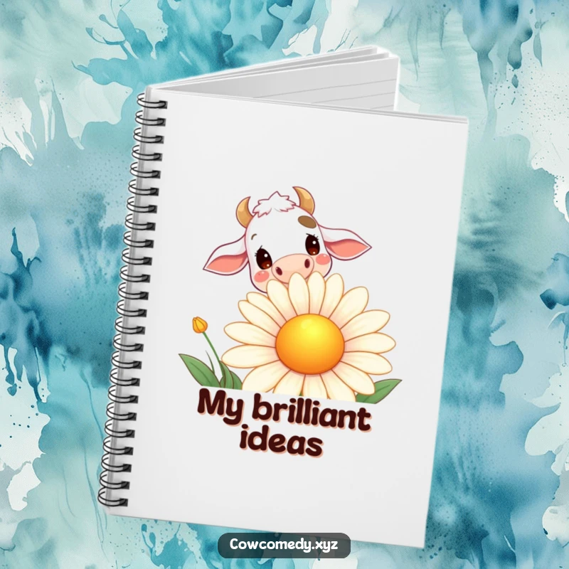 Funny notebook with a curious cow peeking over a giant smiling daisy, ideal for journaling humorous thoughts and bright ideas.