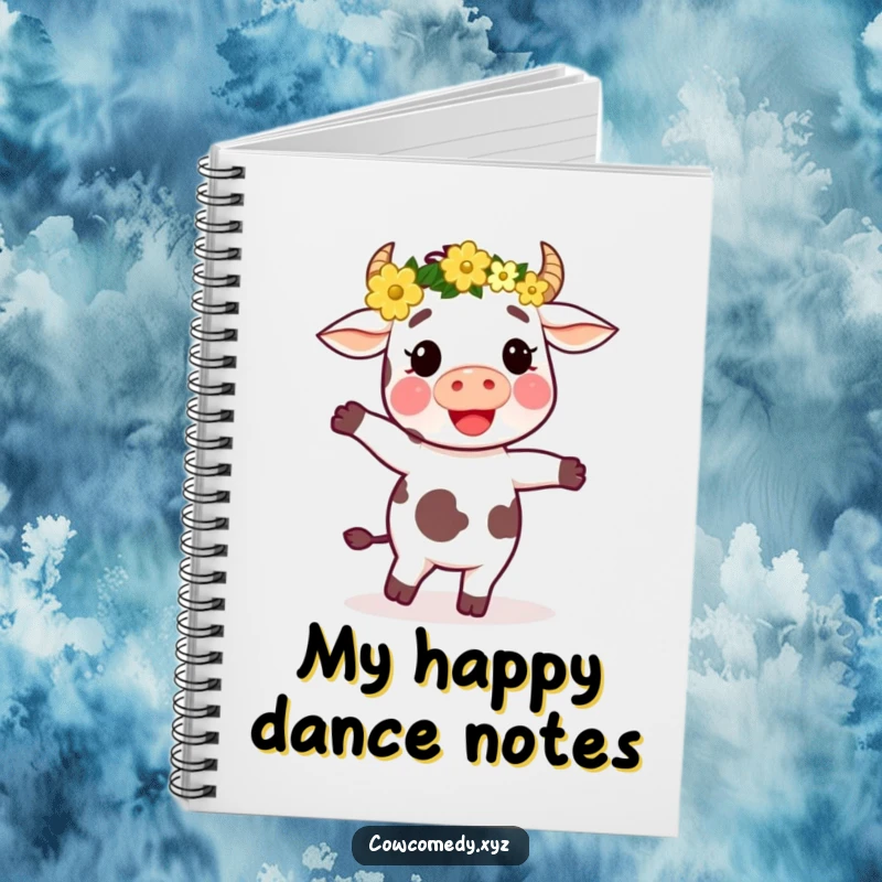 Funny notebook cover with a cow wearing a flower crown, dancing joyfully, perfect for capturing all your inspired ideas.