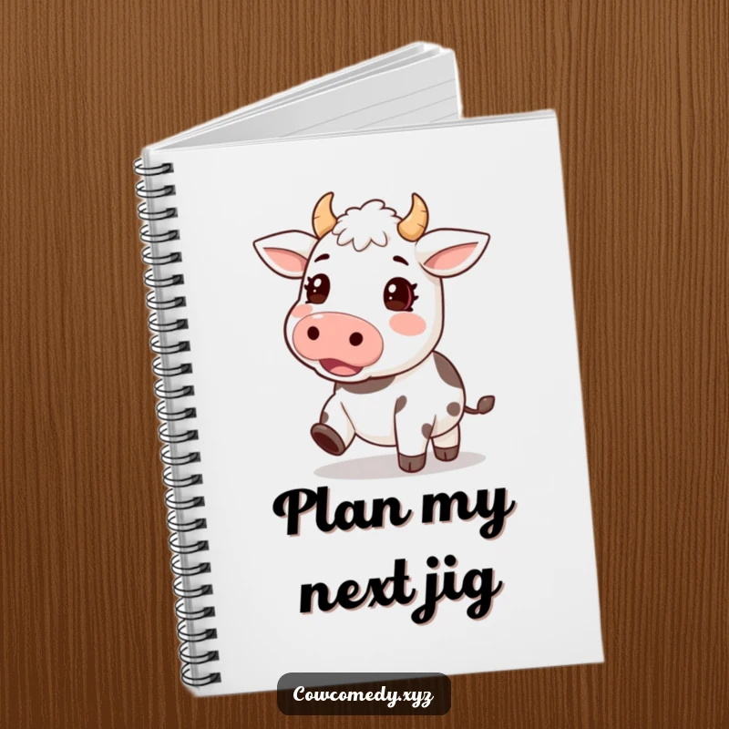 Funny notebook featuring a kawaii cow character with hooves tapping an excited rhythm, perfect for jotting down notes with energy.