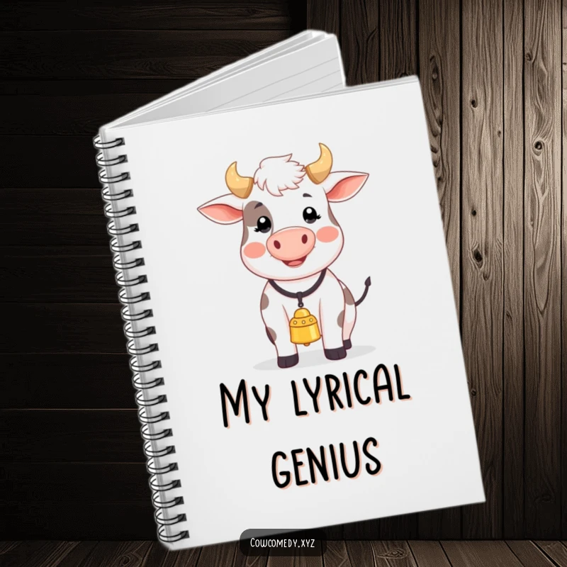 Funny notebook cover featuring a happy cow with a bell, singing joyfully, for capturing all your musical and everyday thoughts.