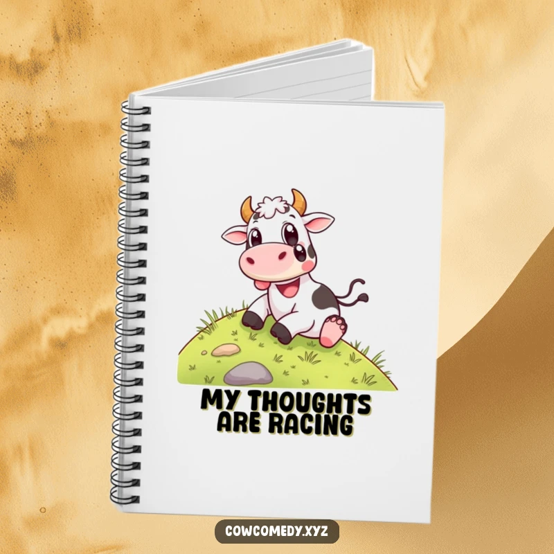 Funny Notebook: A happy cow sliding down a grassy hill with wide, delighted eyes, perfect for noting down joyful thoughts and ideas.