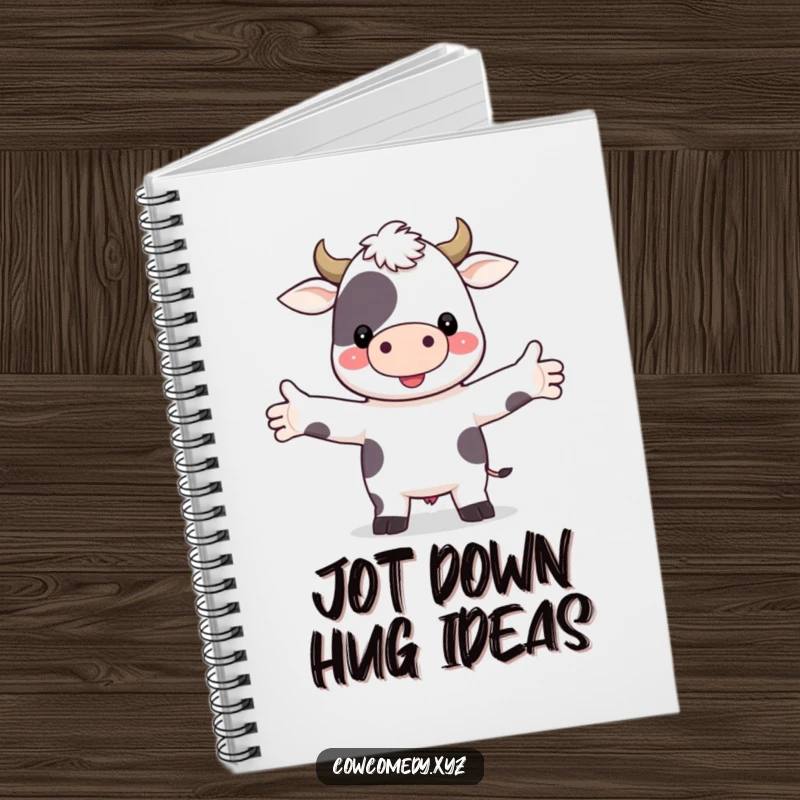Funny notebook featuring a charming cow character with arms outstretched, ready to offer a hug while you write your notes.