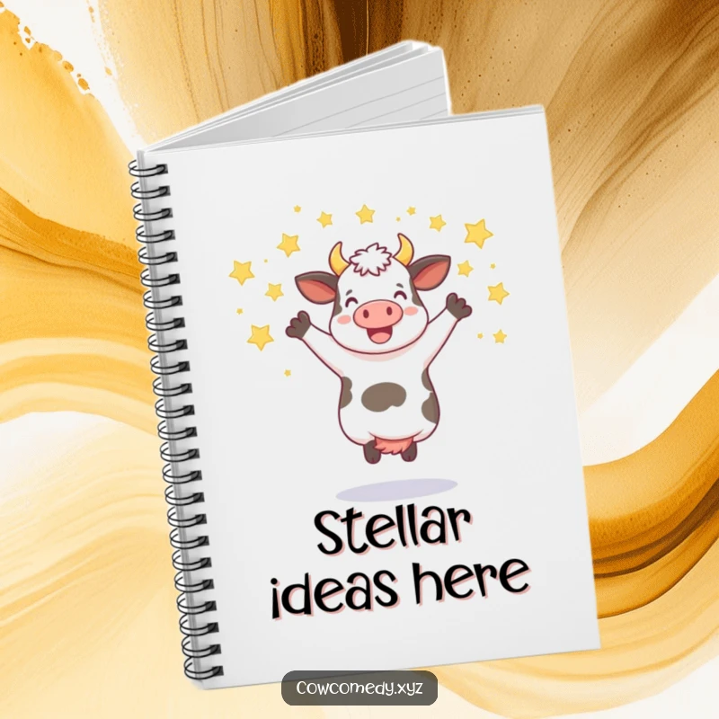 Funny notebook with a cow jumping joyfully amidst a shower of stars, ideal for note-taking.