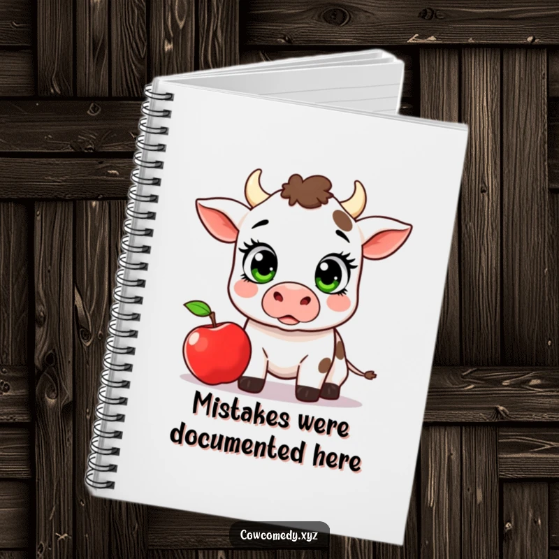 Funny Kawaii Cow Notebook, a cow surprised by an apple, perfect for journaling with humor.
