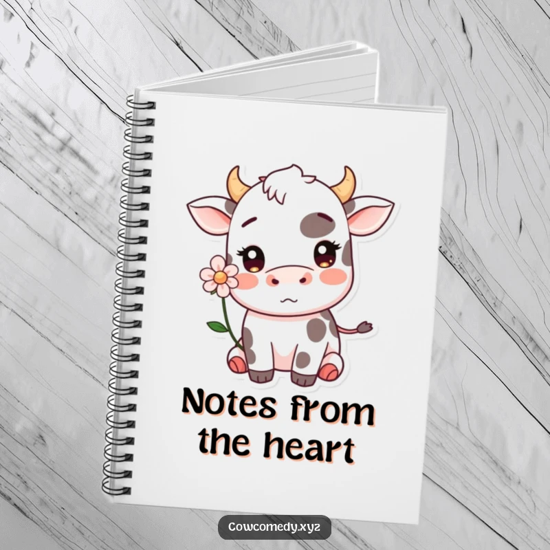 Funny Kawaii cow blushing with a flower notebook, ideal for capturing sweet ideas with shy humor.