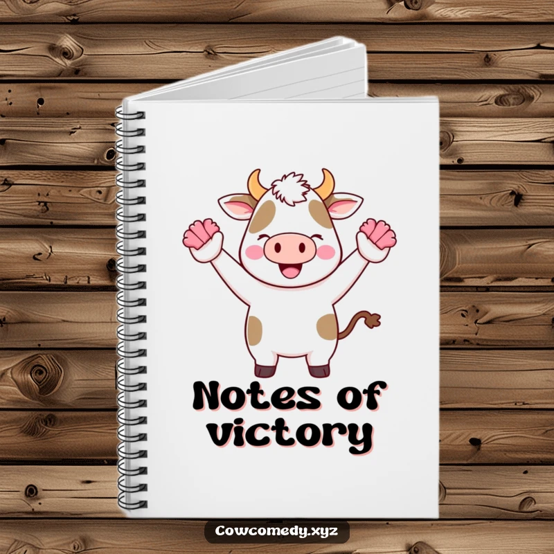 Funny Kawaii Cow Notebook with a cute cartoon cow cheering with tiny pom-poms, ideal for journaling encouragement.