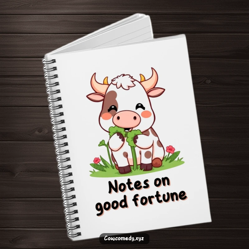 Funny Notebook: A Kawaii cow happily munches on a giant clover, perfect for jotting down lucky thoughts and happy ideas.