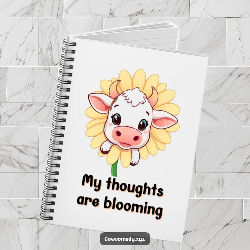 Funny kawaii cow notebook, with a curious cow peeking from behind a daisy on the cover, perfect for journaling.