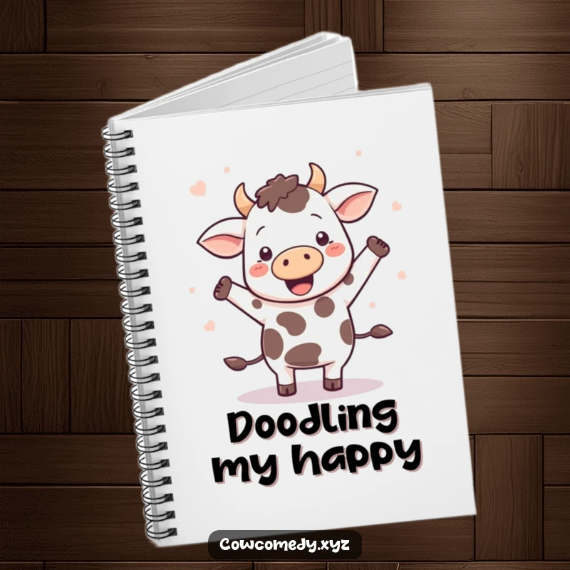Funny Kawaii cow dancing happily, spots flying, on the cover of a vibrant notebook, for notes.