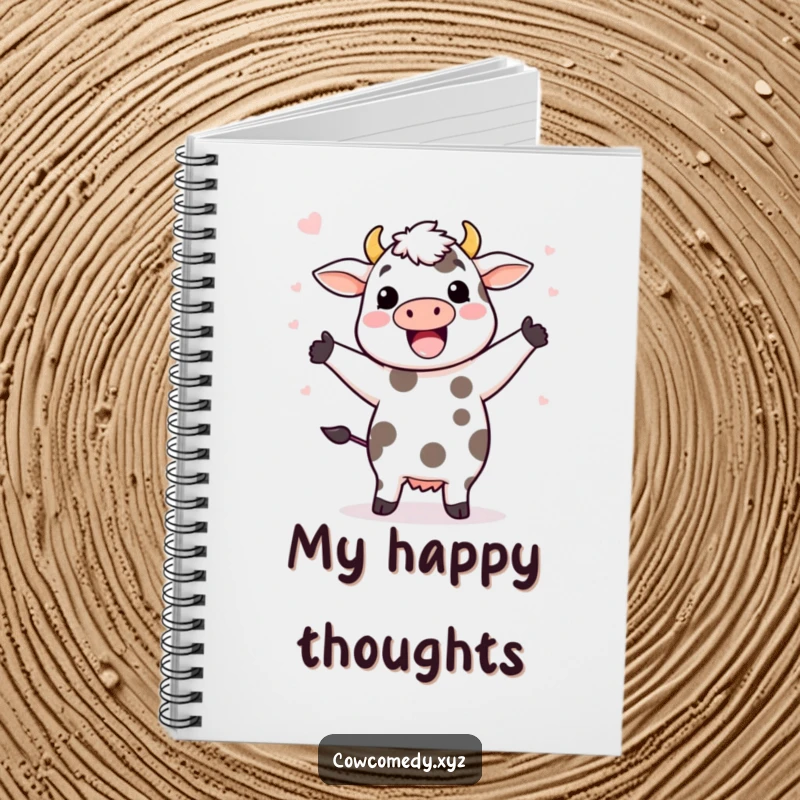 Funny notebook cover with a Kawaii cow doing a happy dance, its spots flying off in a whimsical, energetic pattern.