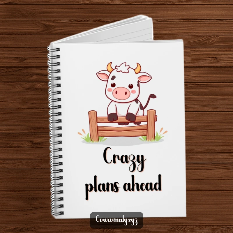 Funny Kawaii cow jumping over a fence notebook, ideal for capturing energetic ideas with playful humor.