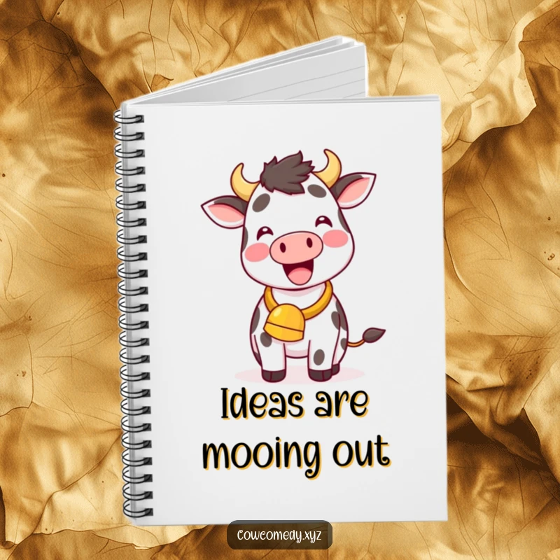 Funny Kawaii Cow Notebook, a cute cow with a cowbell ringing, perfect for journaling with humor.