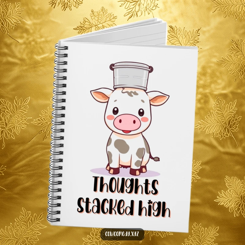 Funny Kawaii cow balancing a milk pail on its head, on the cover of a charming notebook.